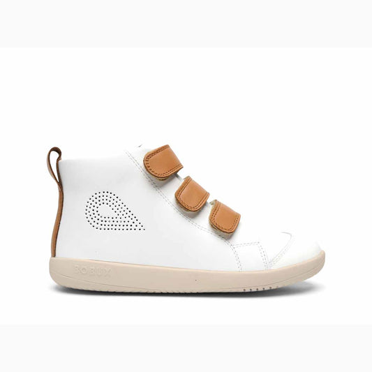 Bobux I Walk Hi Court White + Caramel Trainers