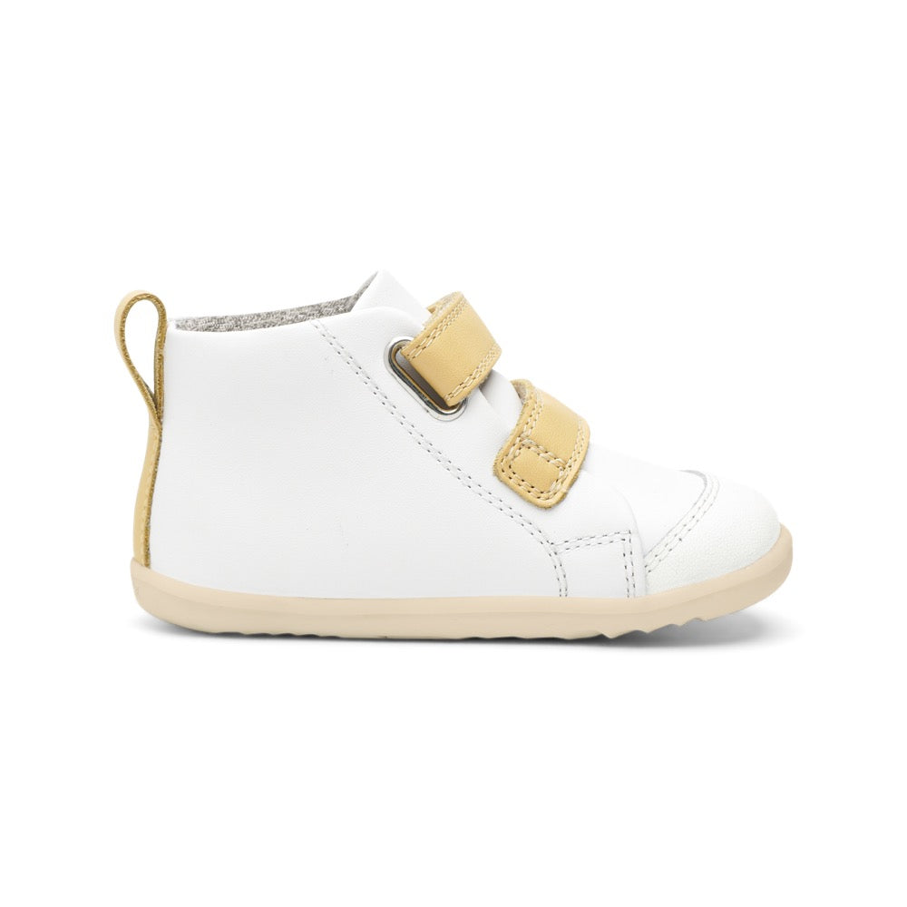 Bobux Step Up Hi Court White + Sand Trainers