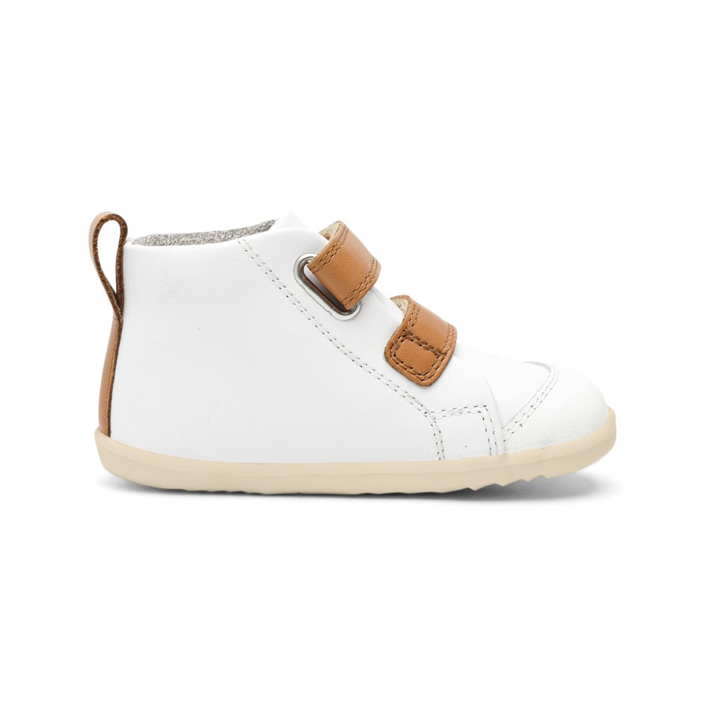 Bobux Step Up Hi Court White + Caramel Trainers
