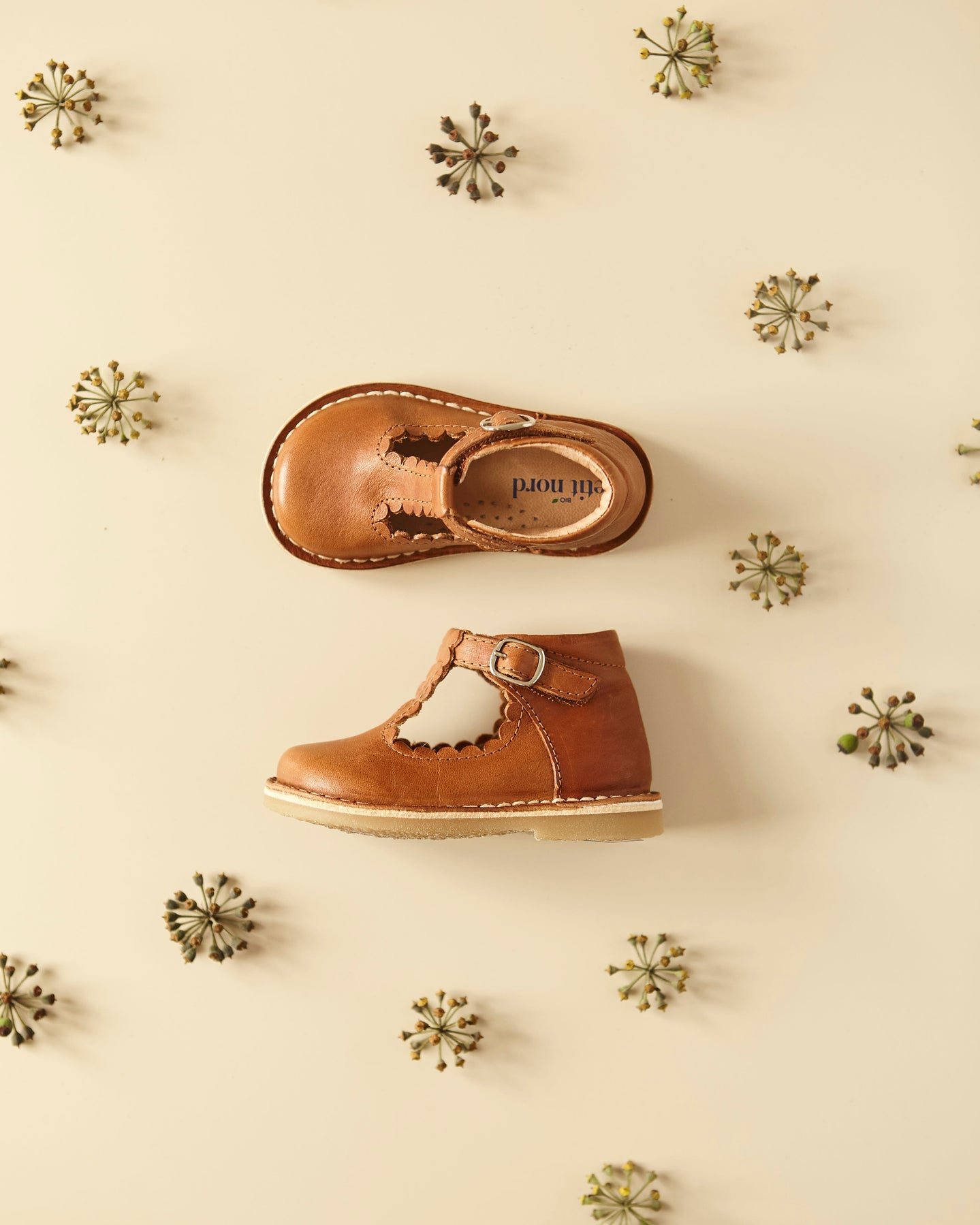 Petit Nord Copenhagen Cognac T-Bar Scallop Shoes
